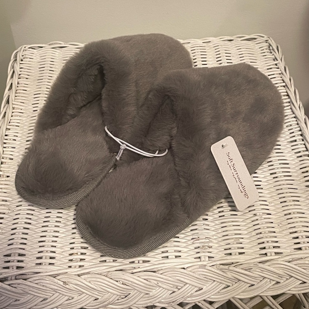 Brand New Gray Faux Fur Rubber Sole Slippers by Soft Surroundings